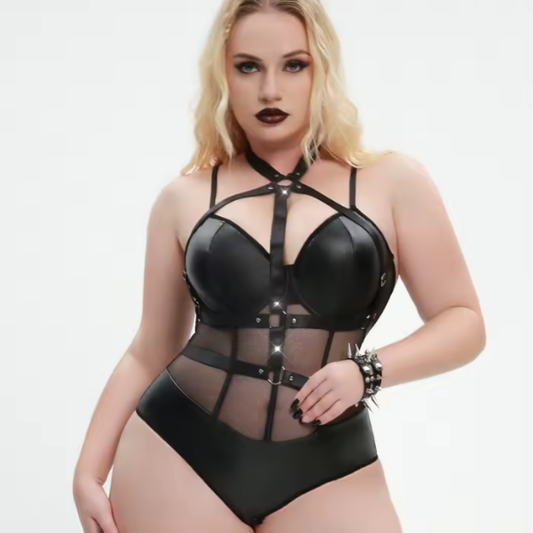 Body sexy in pelle monopezzo a rete