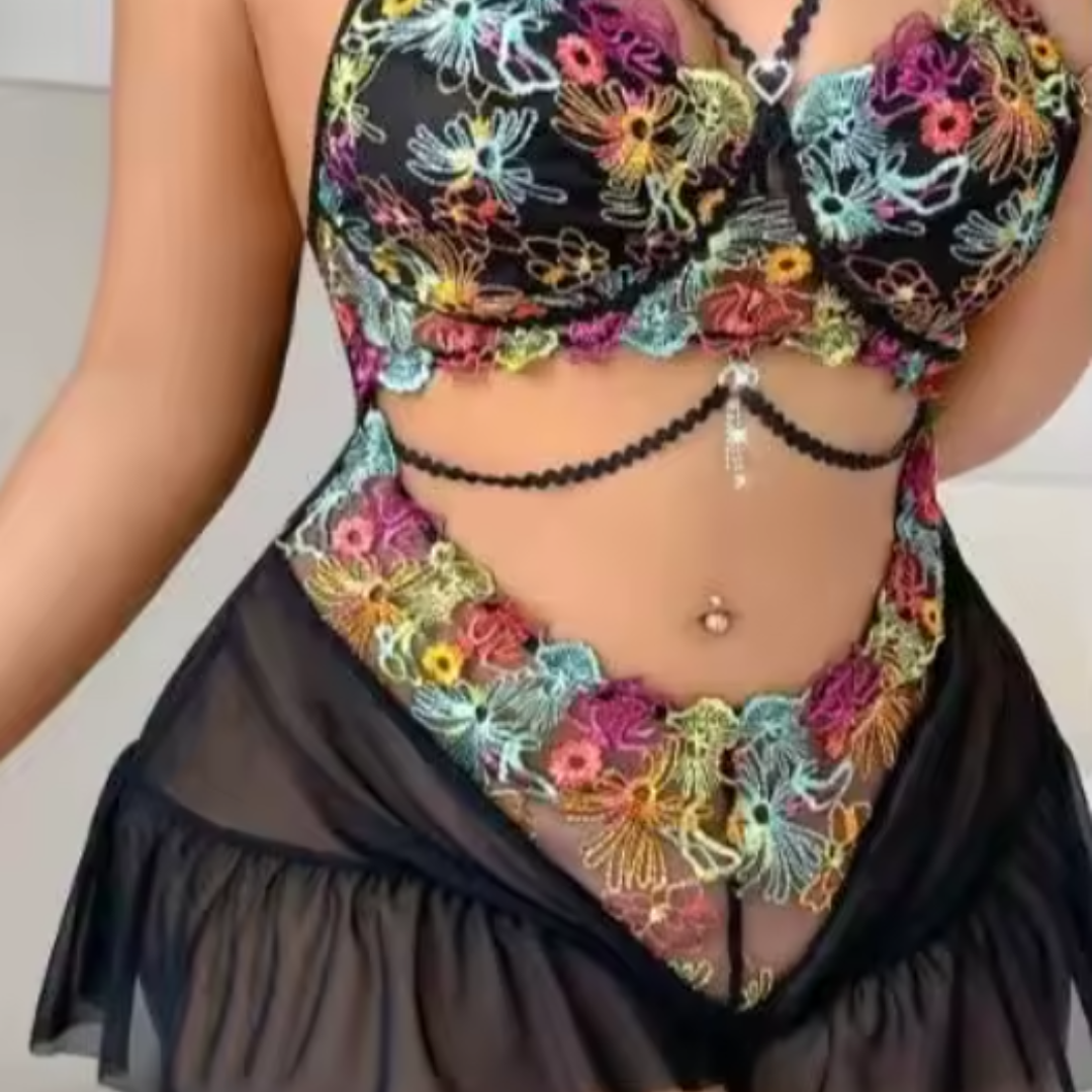 Body con Ricamo Floreale in Pizzo
