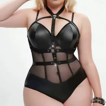 Body sexy in pelle monopezzo a rete